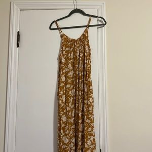 Mustard bird & floral print midi dress